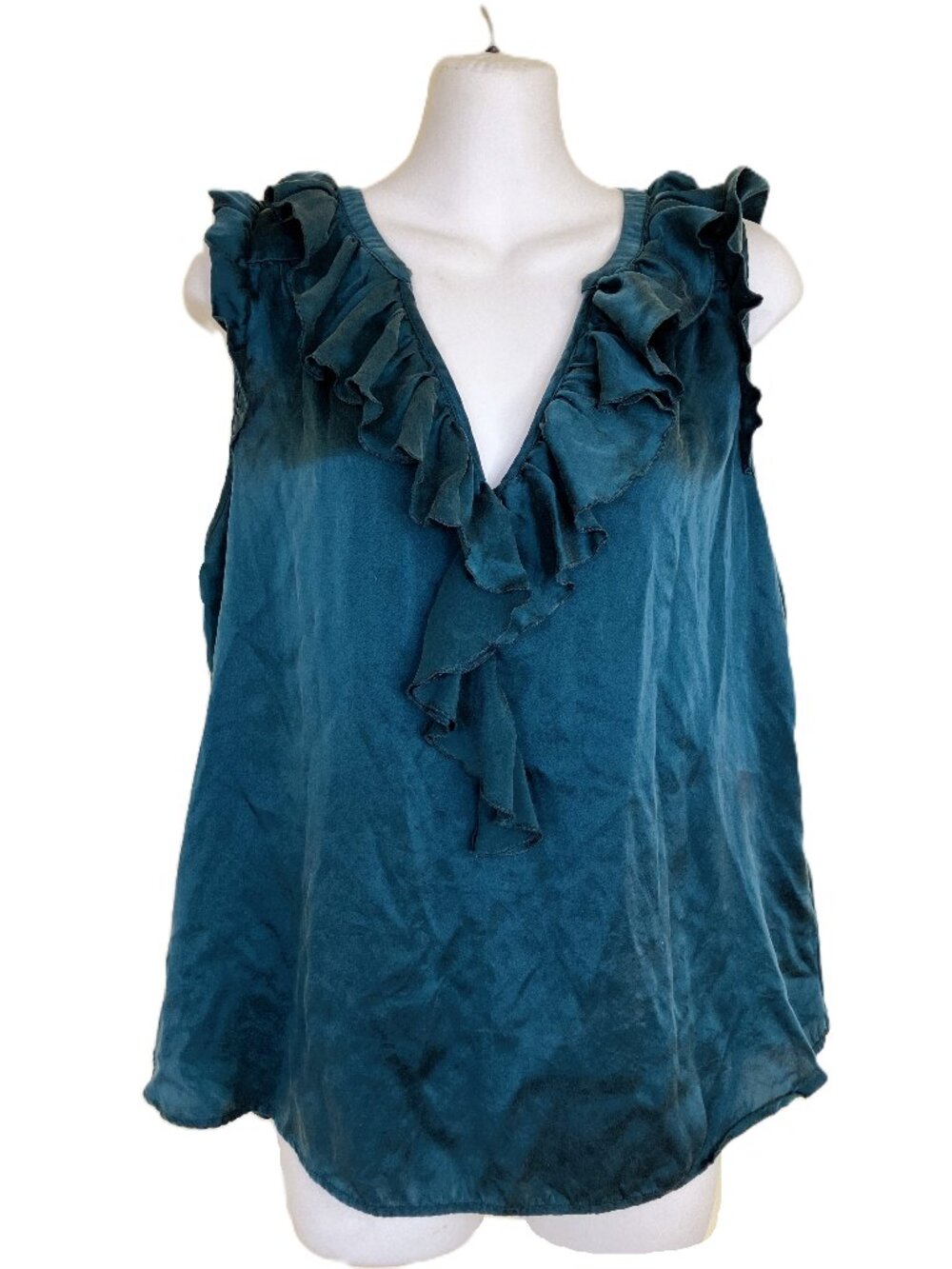 Anthropologie Silk Sleeve Blouse Ruffle Neckline Teal Green Women's Medium
